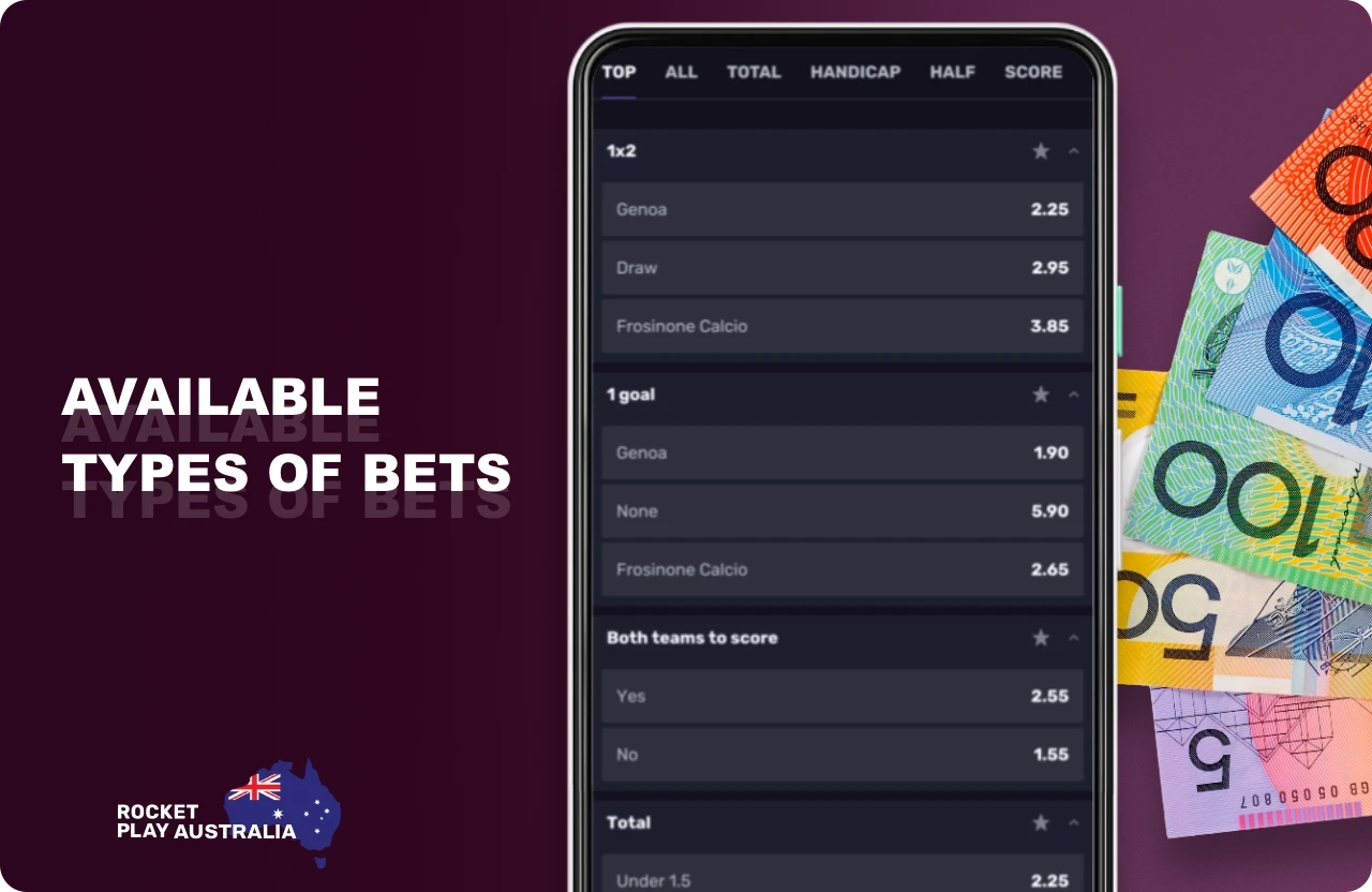 Different types of bets are available to RocketPlay Australia customers
