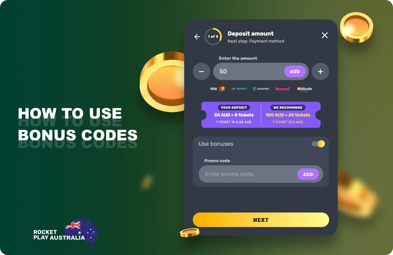 Rocketplay Australia bonus code must be used when making a deposit