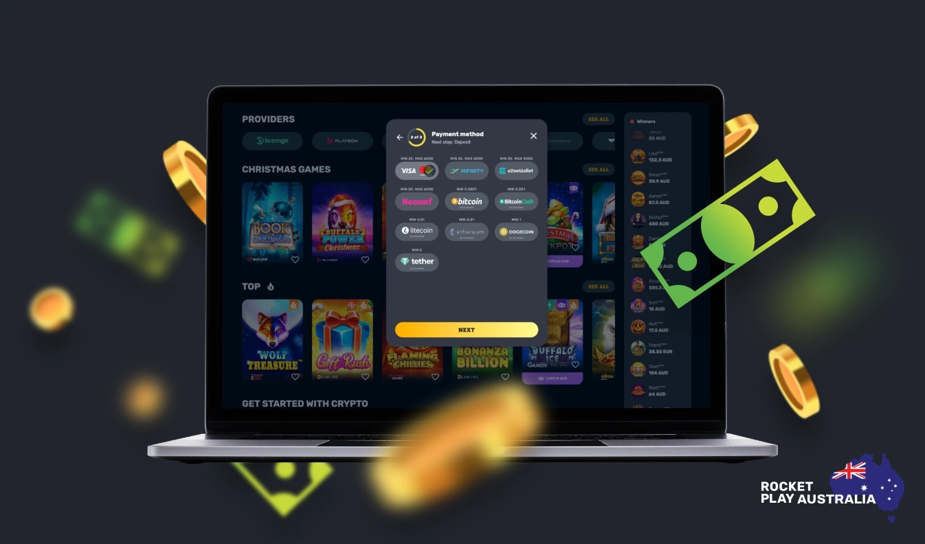 In RocketPlay Australia there are different payment options for deposit and withdrawal of winnings
